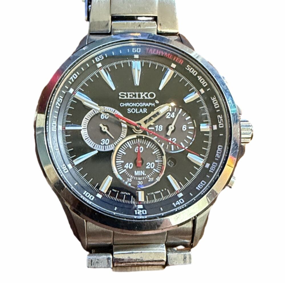 Seiko Solar Chronograph Men's Watch Stainless Steel Tachymeter Black Dial